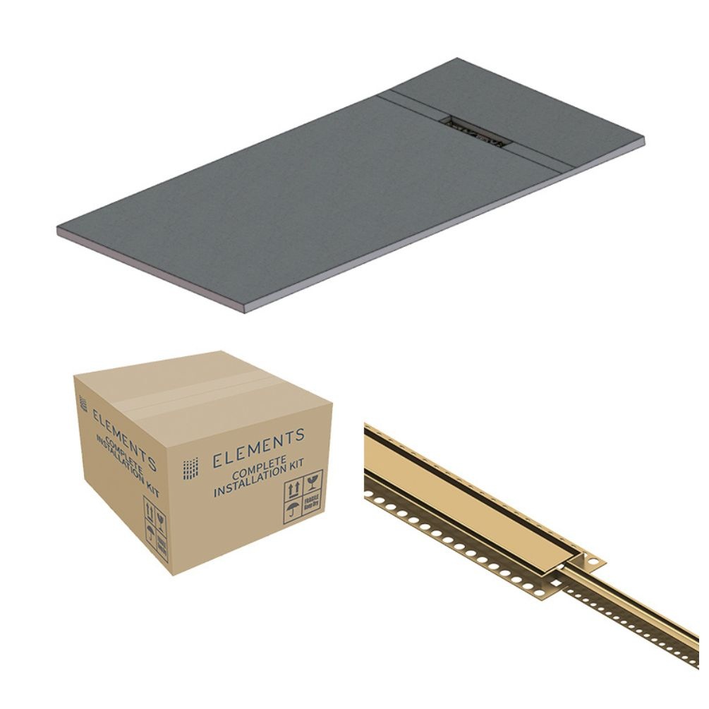 Cut out image of the Abacus Elements Linear Uno 1600mm x 900mm Brushed Brass End Drain Wetroom Former Kit